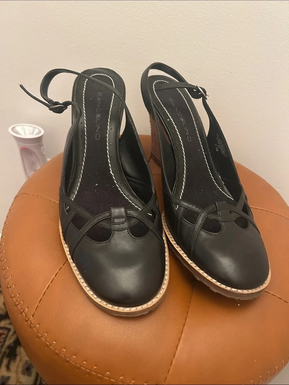Bandolino Black Slingback Wedge Heels with Wood-Effect Heel